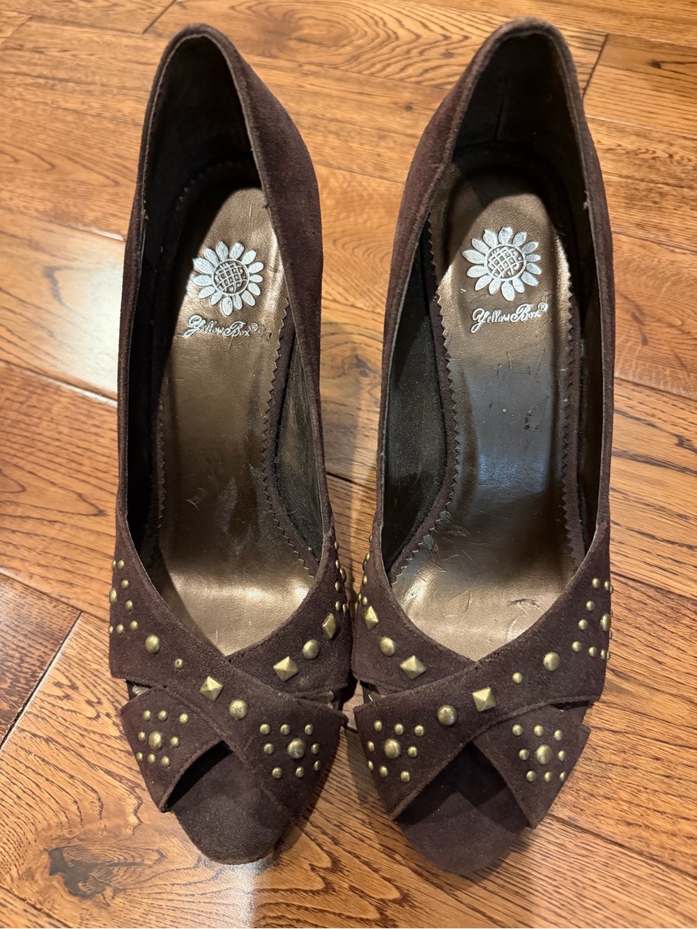 Yellow Box Brown Suede Studded Peep-Toe Heels